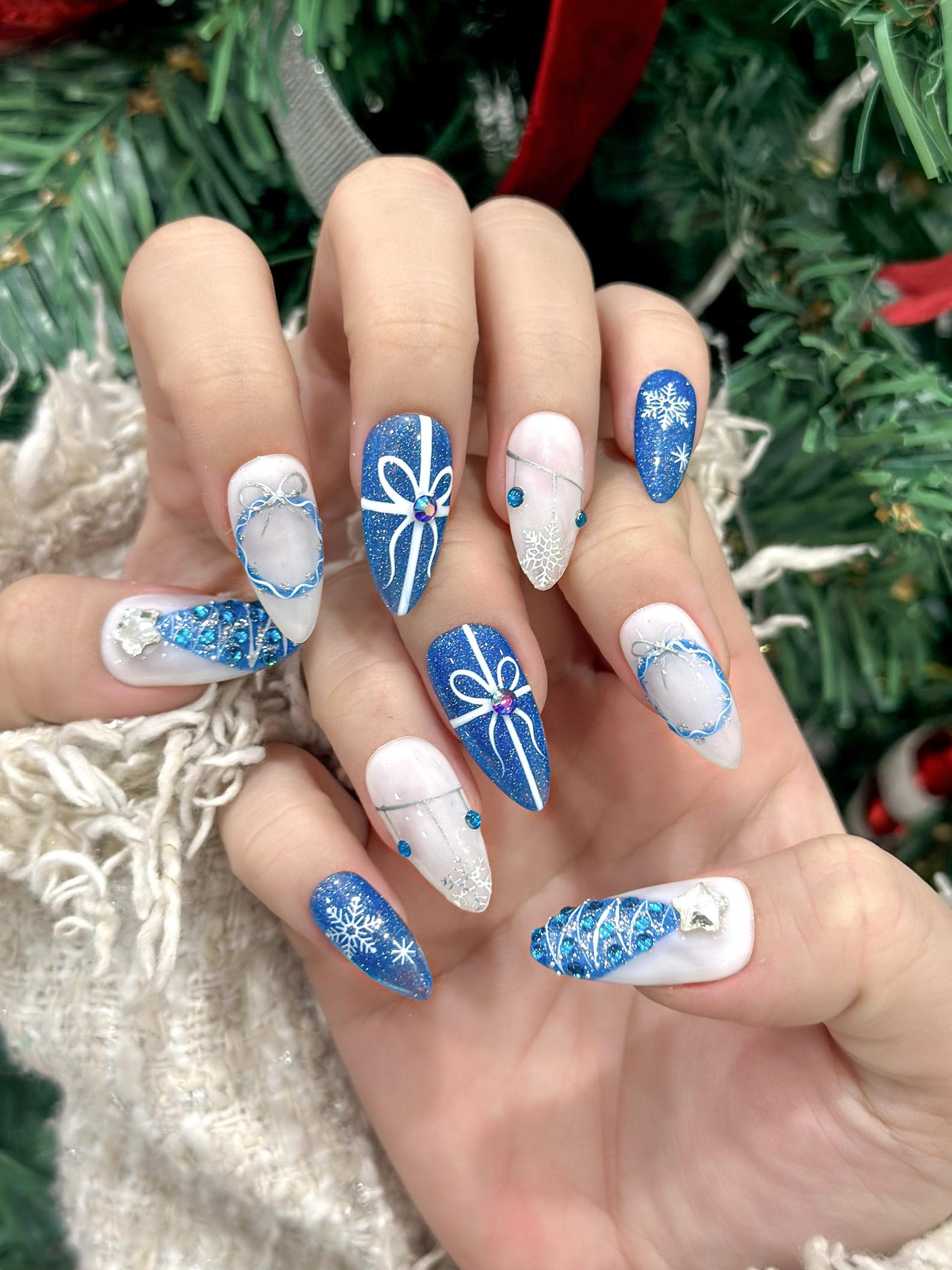 Frosty Blue Winter Gift Press On Nails For Christmas | Snowflake Glitter Christmas Nails | Blue White Holiday Set | 3D Icy Tree Accent | OC930EC