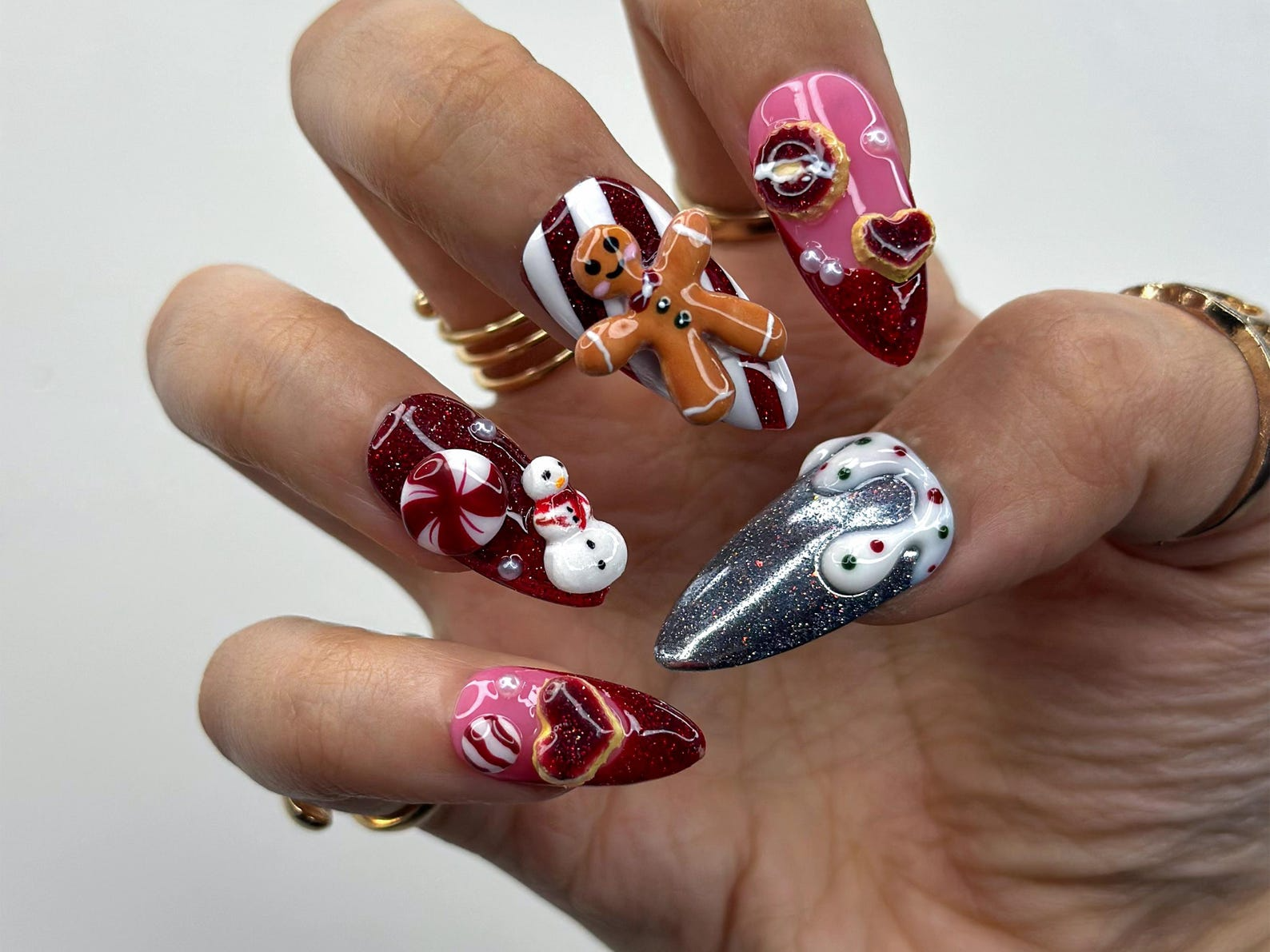 Gingerbread Red Christmas Press On Nails | 3D Christmas Cookie Nail | Peppermint & Snowman Holiday Nails| Red Glitter Festive Nails |OB216HC