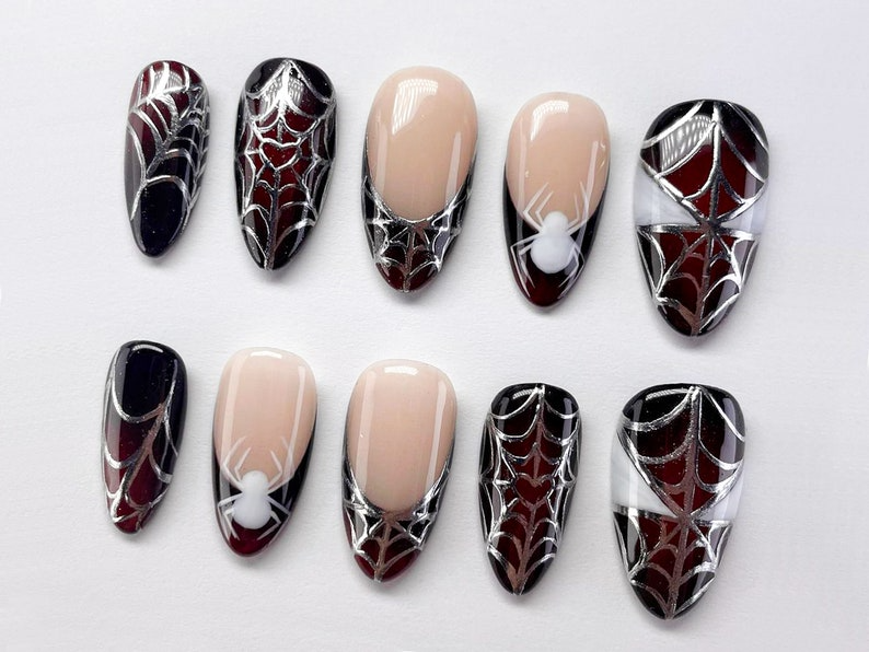 Halloween Spiderman Press On Nails | Acubi-Style Nails | Spider. Spiderweb Nail Set | 3D Silver Gel Nail Art | Almond Nails | OC282A