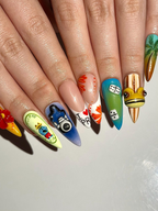Tropical Vacation Press On Nails | 3D Beach Frog Nails | Puerto Summer Nail Art | Colorful Travel Press Ons | Handmade Nails | OB315HC