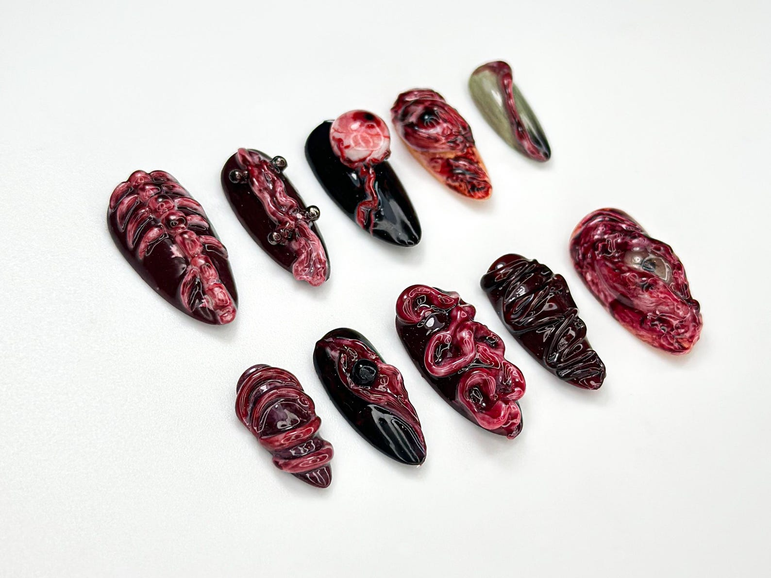 Horror Halloween Press On Nails | 3D Bloody Body Art Nails | Halloween Skeleton & Flesh Nail Set | Grunge Monster Horror Nails | OB979HC