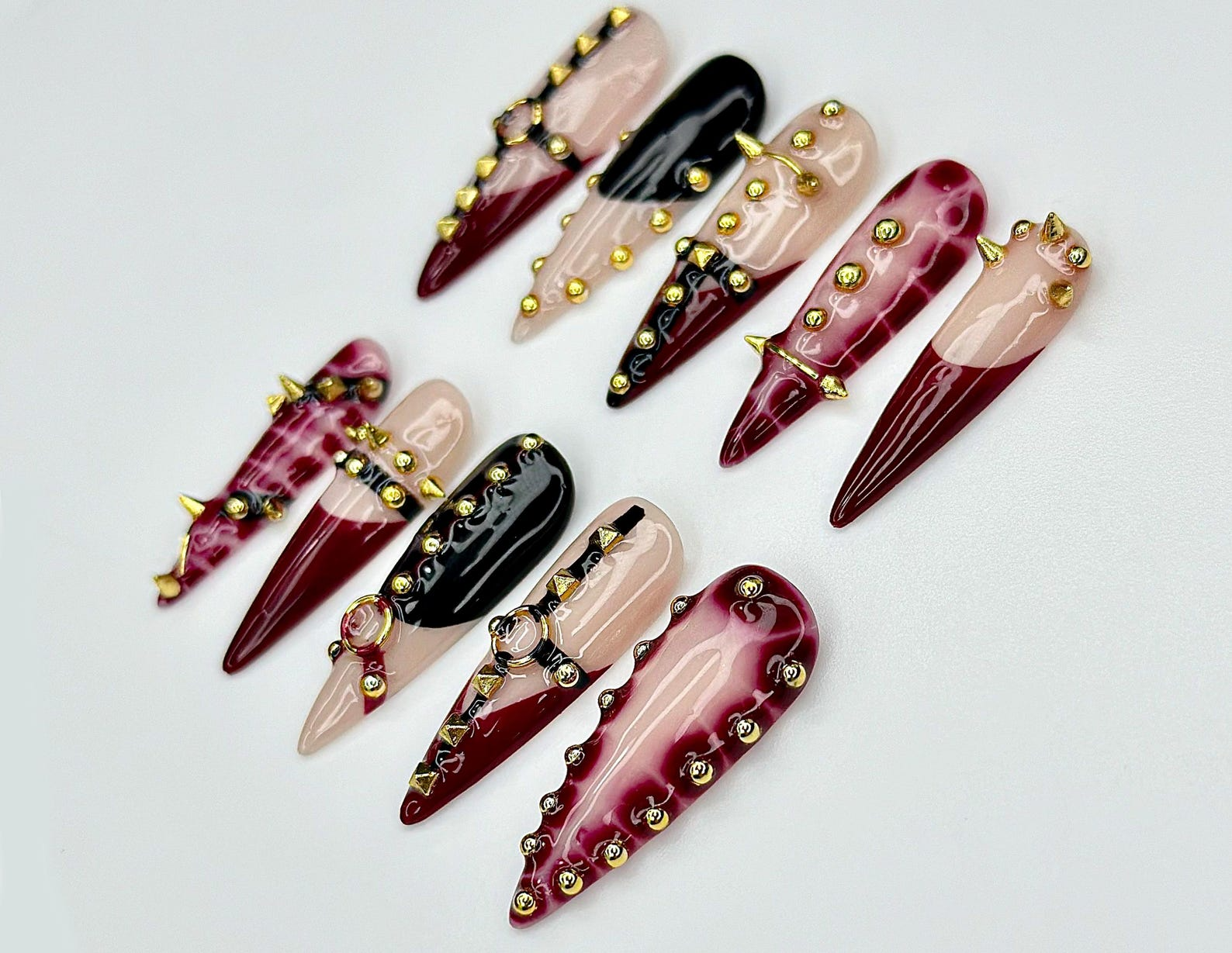 Handmade Gothic Press On Nails | Spiked. Studded Red & Black Nails | Punk Rock Statement Nail Art | OC968EP