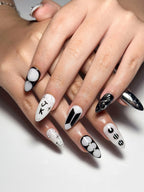 JungKook Inspired Black & White Nails | Kpop JK Solo Era Press Ons | Y2K Star and Bow Nails | Musical Note Gothic Press Ons | OC364IK