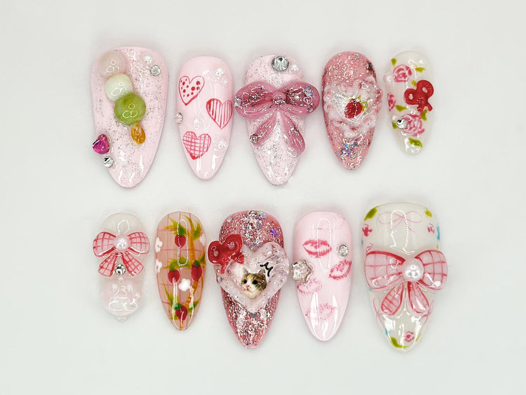 Pink Bow Romance Press On Nails | Cat. Heart & Ribbon Themed Nail Art | Custom Cat Nail Designs | Cute and Sparkly Pet Nail Art | OC556HC