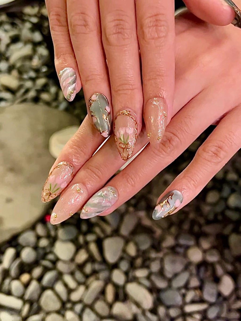 Custom Floral Coquette Nails. Soft Jade and Pearl Shimmer Press Ons. Hand-Painted Tulip Design. Romantic Aesthetic Reusable Nails. OB1285HK