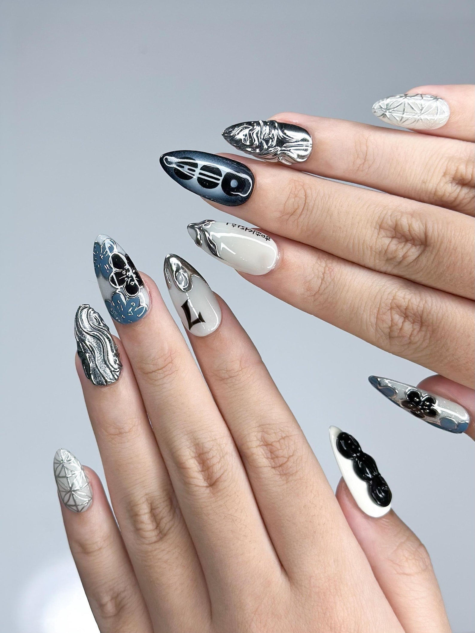Kpop Inspired Indigo Voyage Nails | 7 Spirit Arirang Silver Shark Nails | Ocean Muse 3D Chrome Nails | Handmade Nails | OC357IC