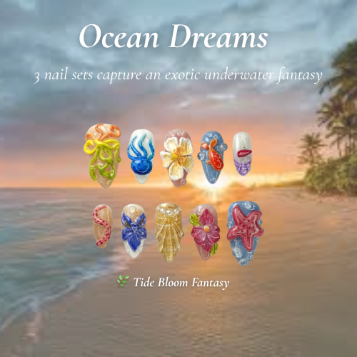 Ocean Dreams Nail Bundle | 3 Sea-Inspired Press On Nail Sets | Mermaid. Coral & Shark Vibes | OB100L