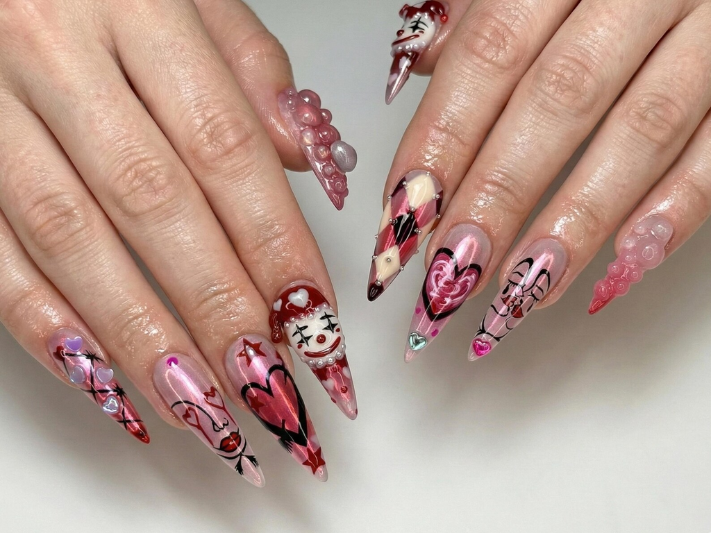 Gothic Valentine Clown Heart Press On Nails for Dark Romance Girls. Handmade Long Pink Chrome Fake Nails. Alternative Love Nail.OB278EC