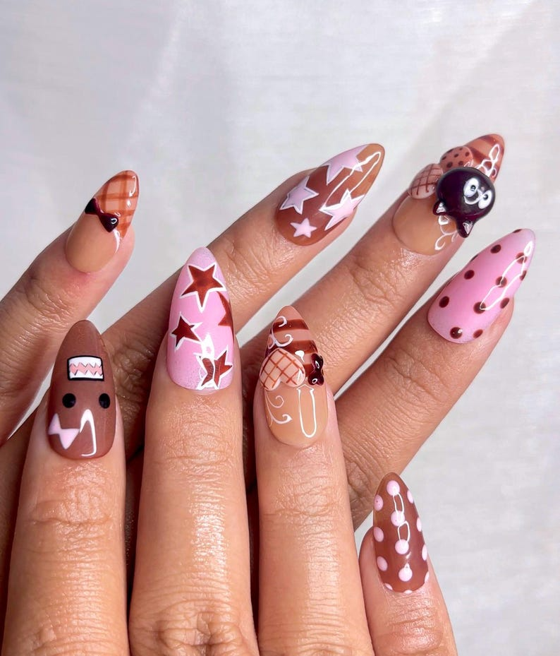Chocolat Bear Cute Press On Nails | Kawaii Cartoon & 3D Cat Nails | Pink Brown Retro Nail Art | Handmade Fun Press Ons | OB221EC