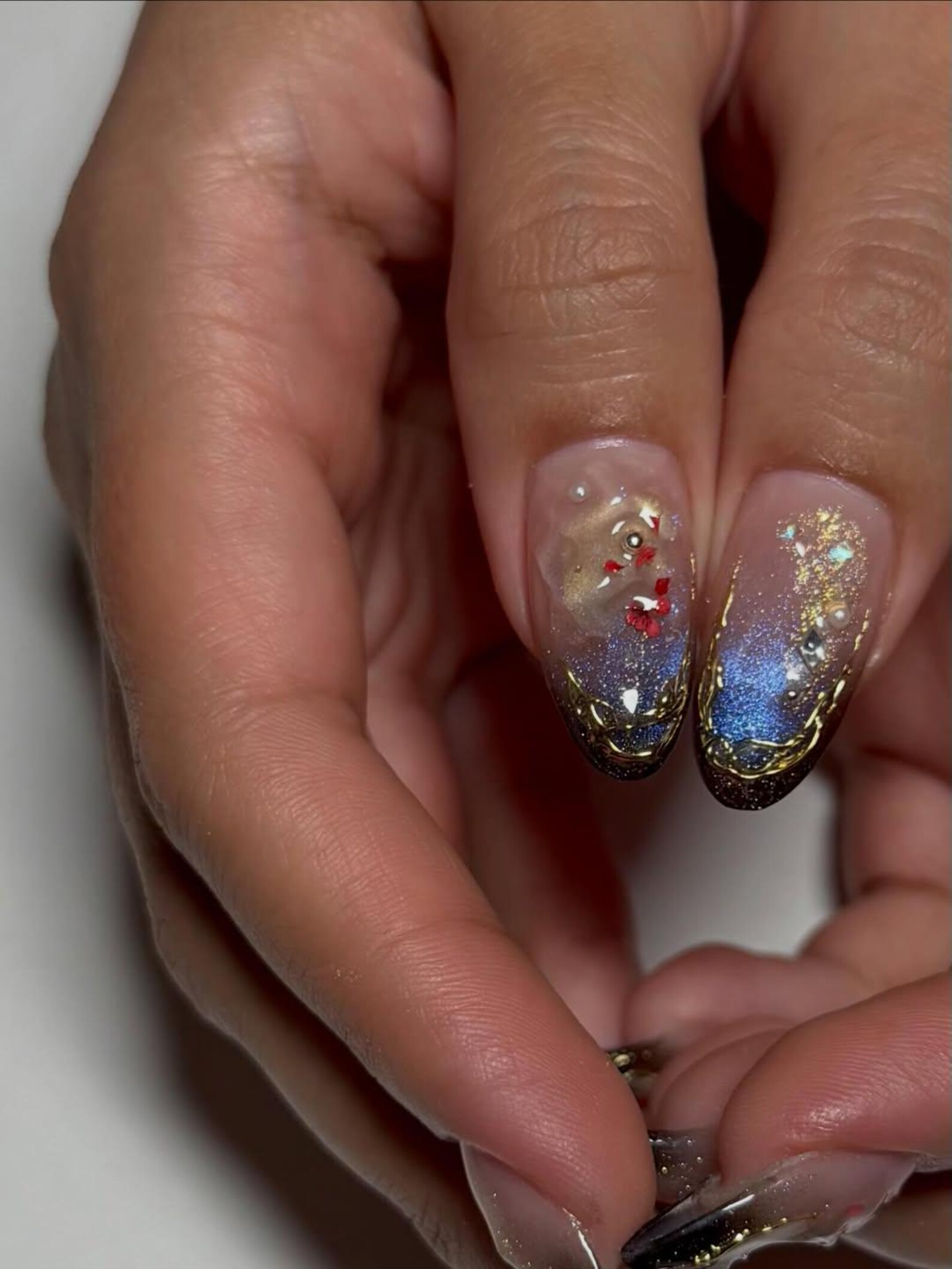 Luxury Navy Gold Press On Nails. Mystic Galaxy Floral Nails. Reusable Stiletto Nail with Gold Filigree and Shimmering Night Sky Art. OB307HC