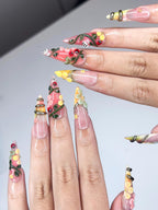 3D Ladybug Floral Press On Nails | Metallic Vines Enchanted Garden Set| OB1327IK