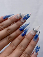 Blue Marble Blossom Press On Nails for Spring Blue | Handmade Nude & Sapphire Nails with Floral Art | Elegant Stiletto Nail Design |OB2890EC