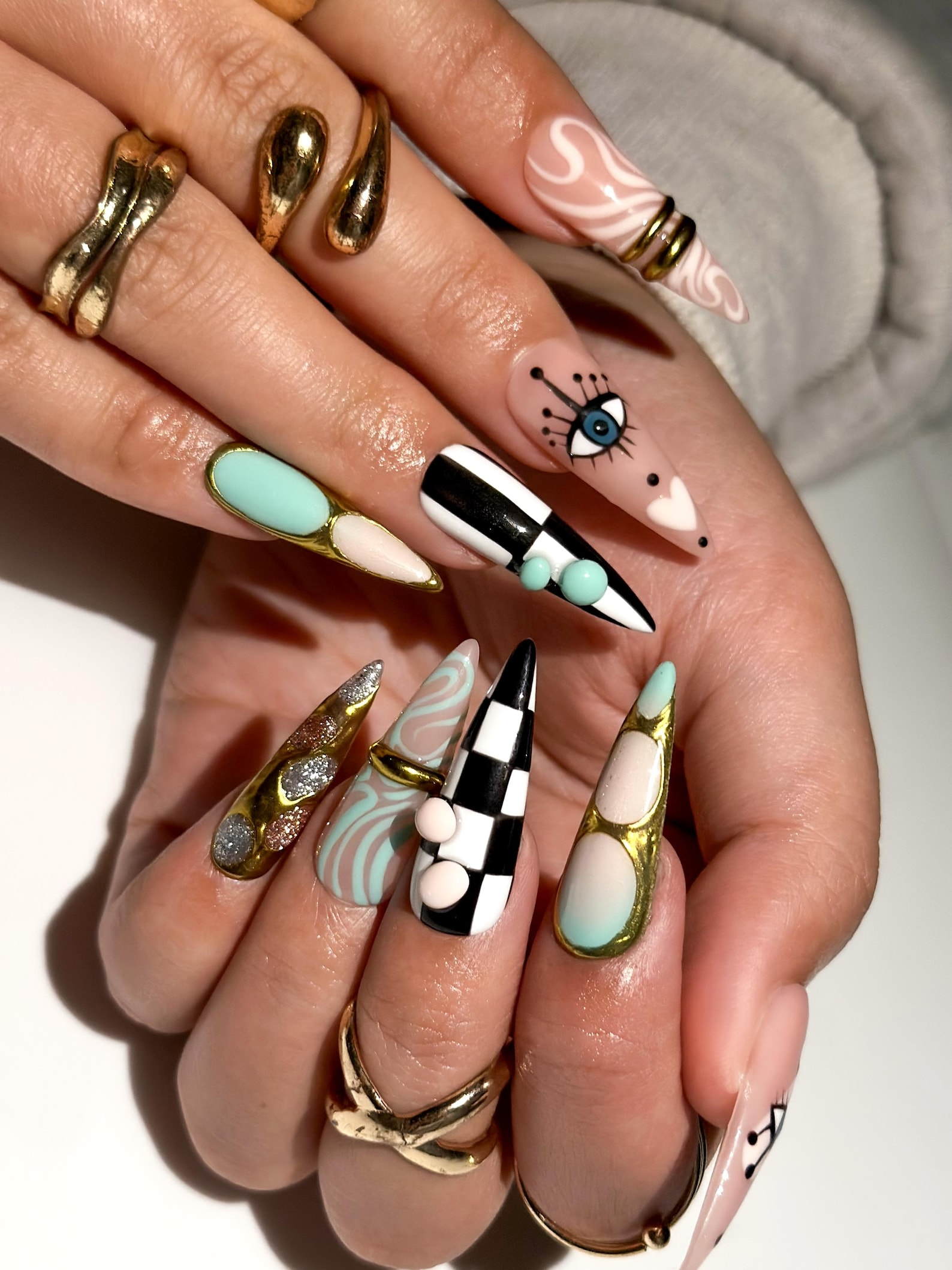 Gilded Luxury Colorful Press On Nails | Eye Art Gold Ring Nails | Handmade Nude Stiletto Nail Art | Luxury Statement Press Ons | OB302EC