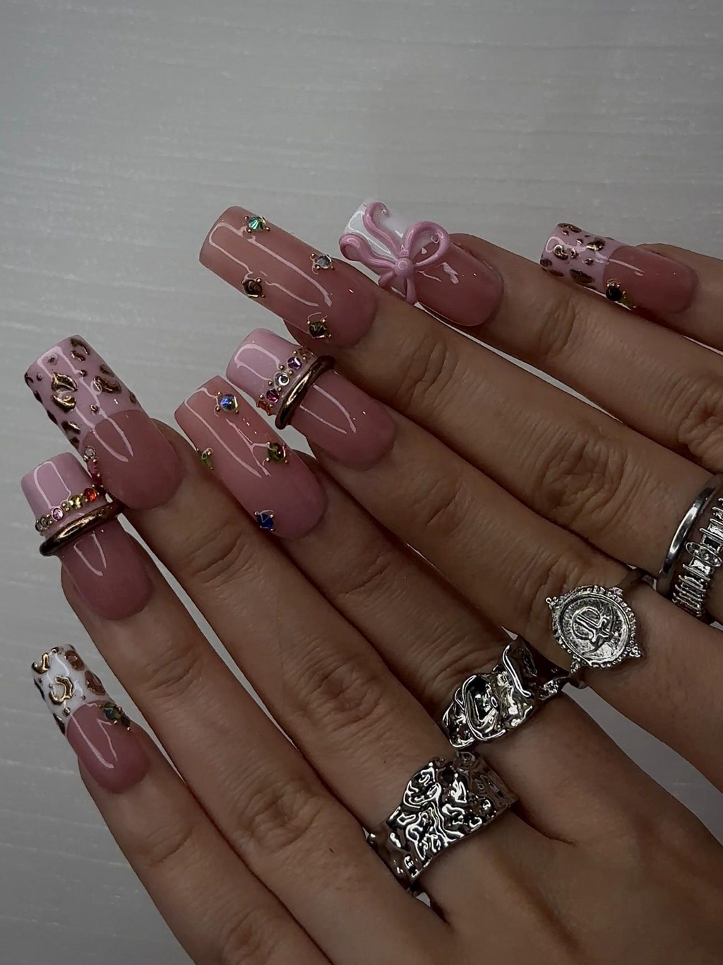 Blush Pink Leopard Press On Nails for Luxury Nail Lovers | Nude Pink Nails with 3D Bow Accent| Leopard French Tips with Gold Detail| JB288HC