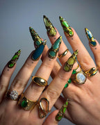 Green & Teal Gold-Framed 3D Press-On Nails – Jewelcore Statement Set A27