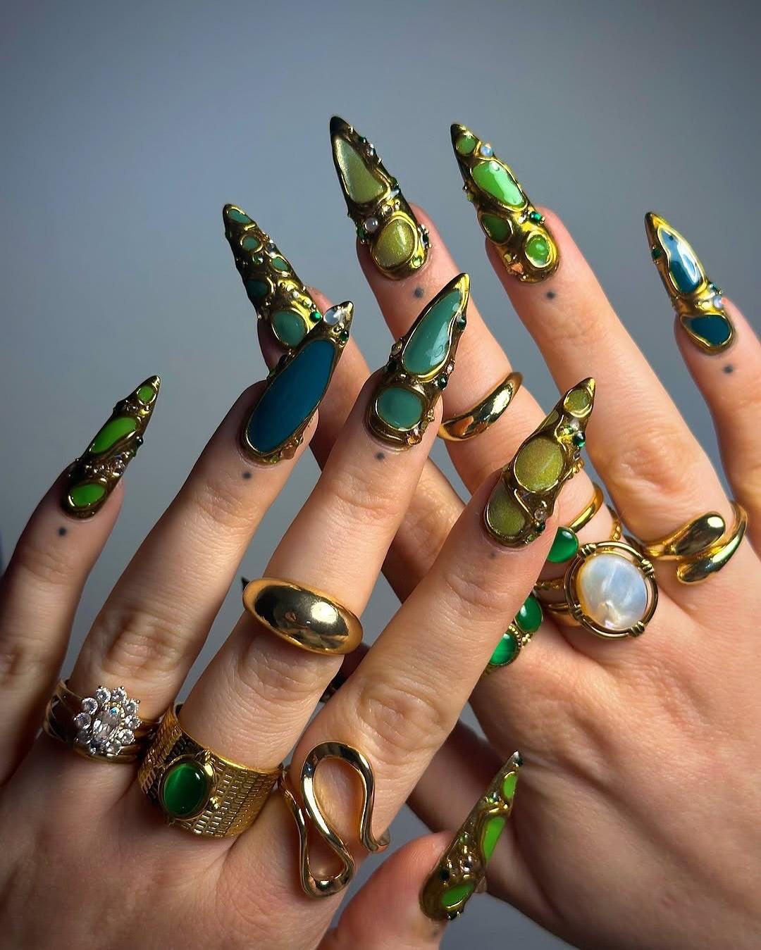 Green & Teal Gold-Framed 3D Press-On Nails – Jewelcore Statement Set A27