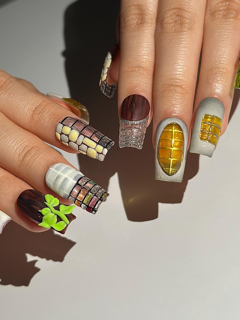 Abstract Texture Press On Nails. Mixed Media Artisan Nails with 3D Foliage. Handcrafted Gemstone and Mosaic Tile Reusable Nails. OB306HC