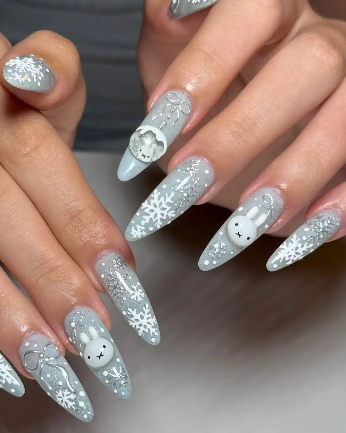 Handmade Bunny Snowflake Glitter Cute Winter Christmas Theme Press on Nails S94