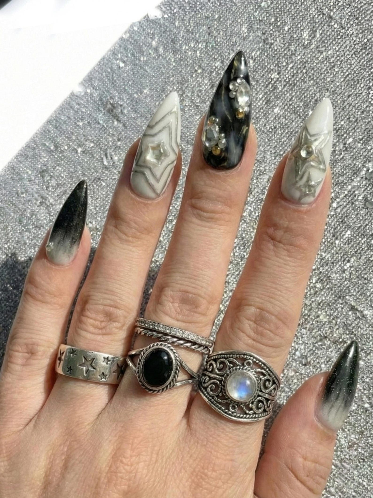 Gothic Black Cat Galaxy Press On Nails for Bold Girls | Handmade Silver Star Fake Nails | Dark Smoky Crystal Nail Art | OB286E