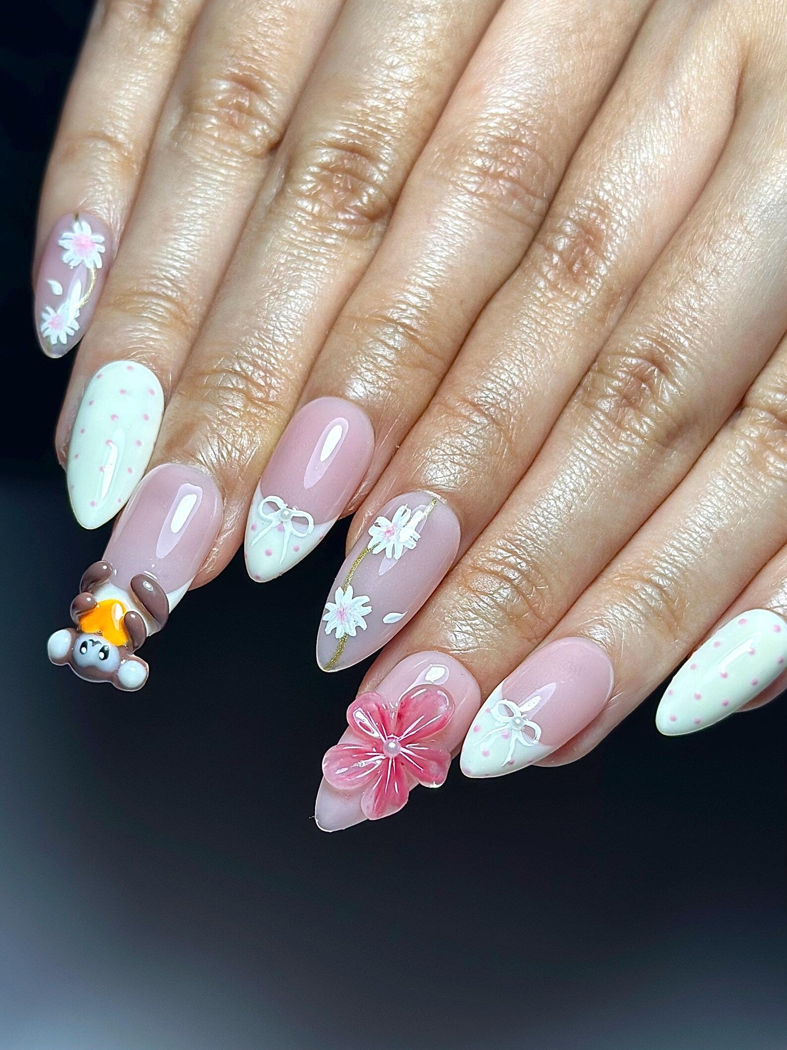 Soft Pink Mokey Press On Nails | Cute Bow & Daisy Nail Art | Kawaii Nails | Elegant Spring Nail Design| Handmade Romantic Press Ons| OC329HC
