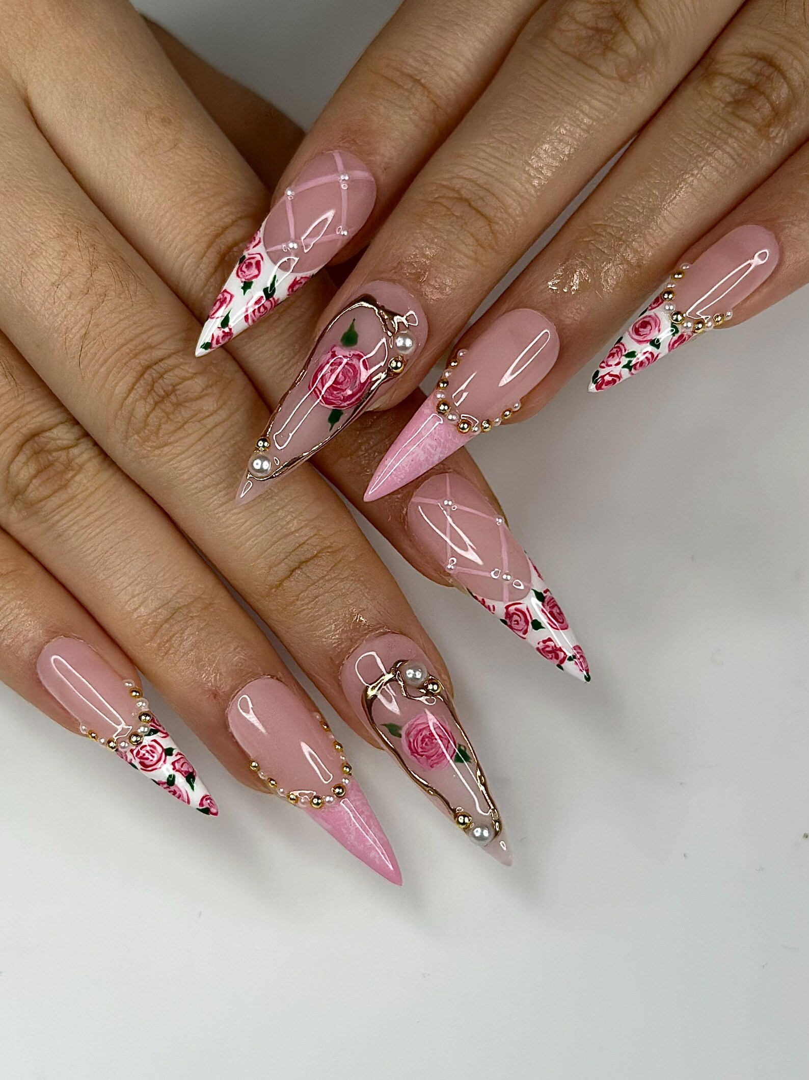 Pink Rose Press On Nails for Bridal | Handmade Rose Flower Nails with Pearls | Elegant Wedding Press Ons | Gold Frame Floral Nails | OB295HC