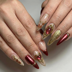 Press On Nails Adhesive Tabs – Nude Burgundy Gold Heart & Rose Chrome Long Stiletto Handmade Fake Nails for Luxury Romantic Look | OB25L