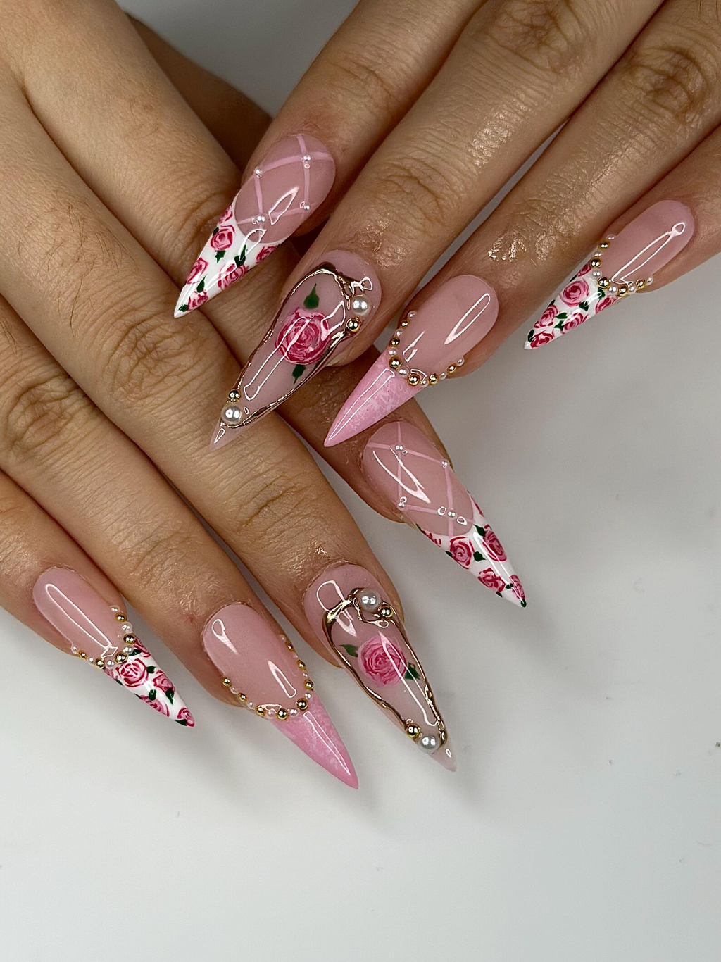 Vintage Rose Stiletto Press On Nails | Pink Rose Bridal Nails for Women | French Tip Floral Nails | Pearl Gold Nail| Romantic Nail |OB1276HC