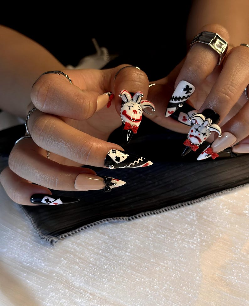 Harlequin Joker Halloween Press On Nails | Black White Red Gothic Nail Art | 3D Clown Accent Stiletto Nails | Playing Card Inspired |OB194EC