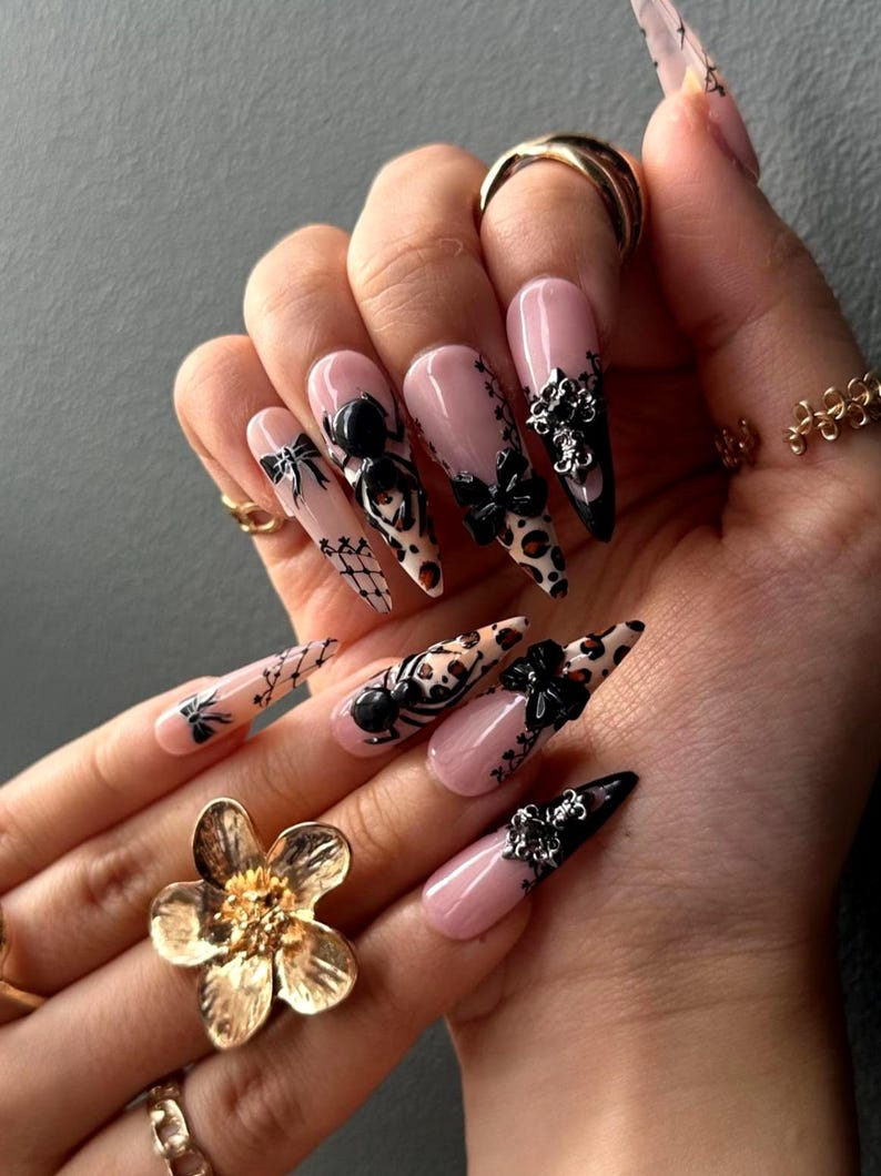 Vintage Halloween Leopard Press On Nails | Gothic Pumpkin & Spider Web Nail Art | Handmade Halloween Nail Set | Gothic Nail Set | OB180HC