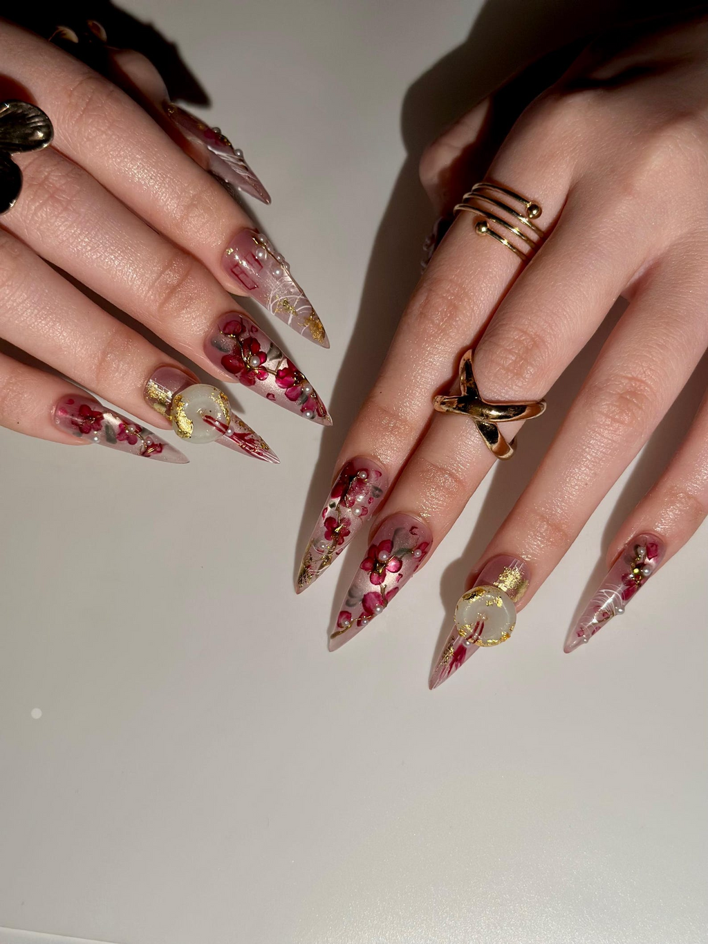 Handmade Cherry Blossom Press On Nails. Asian Inspired Luxury 3D Jade and Gold Leaf Nails. Elegant New Year Luxury Fake Nails. OB1021HC