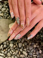 Vintage Tulip Press On Nails. Sage Green and Pink Marble Nails with Gold Rose Frame. Elegant Floral Hand-Painted Custom Nails. OB307HK
