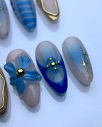 Handmade Blue Floral Elegance Nail Art with Gold Pearl Press on Nails P30