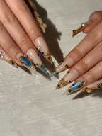 Luxury 3D Jewelry Press On Nails. Gold Filigree and Blue Gemstone False Nails. Royal Core Stiletto Nails for Gala or Wedding | OB1022HC
