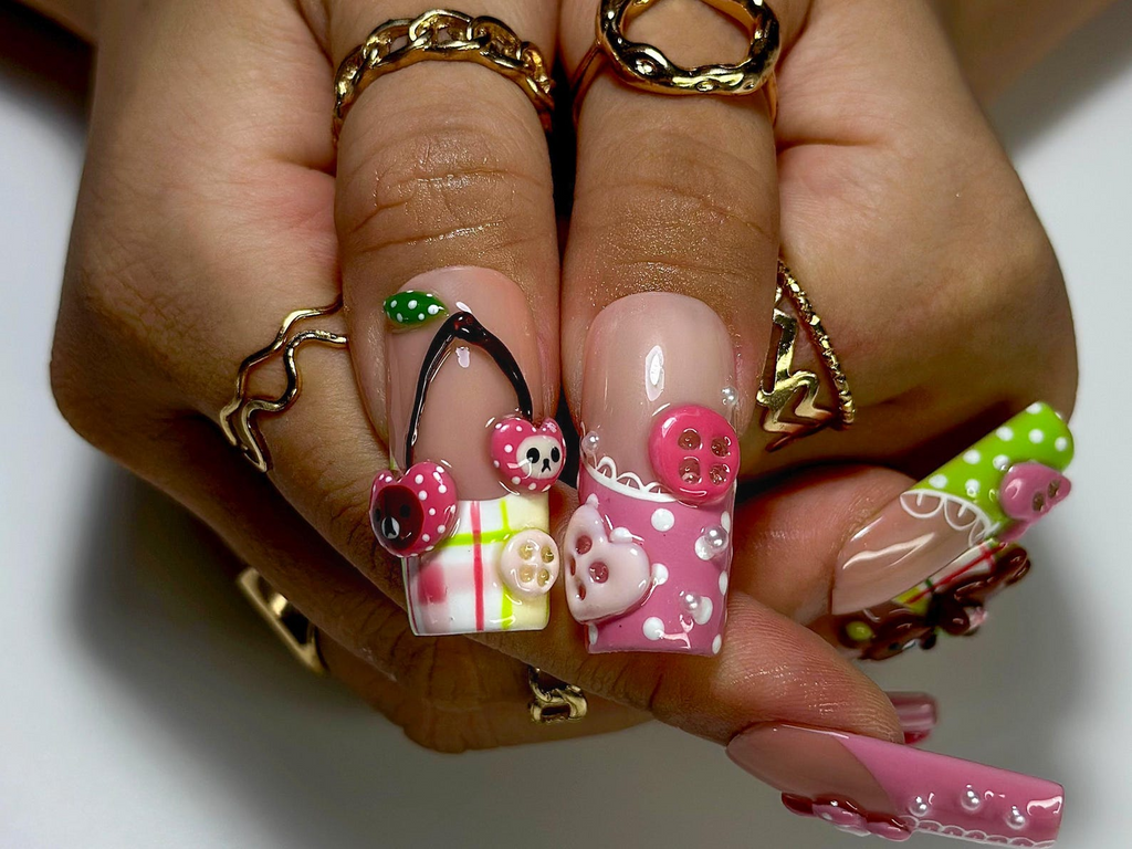 Kawaii Bear Candy Press On Nails | 3D Cute Apple Cherry Nail Art | Pastel Pink Green Y2K Vibes | Cartoon Dessert-Inspired Nails | OB986EC