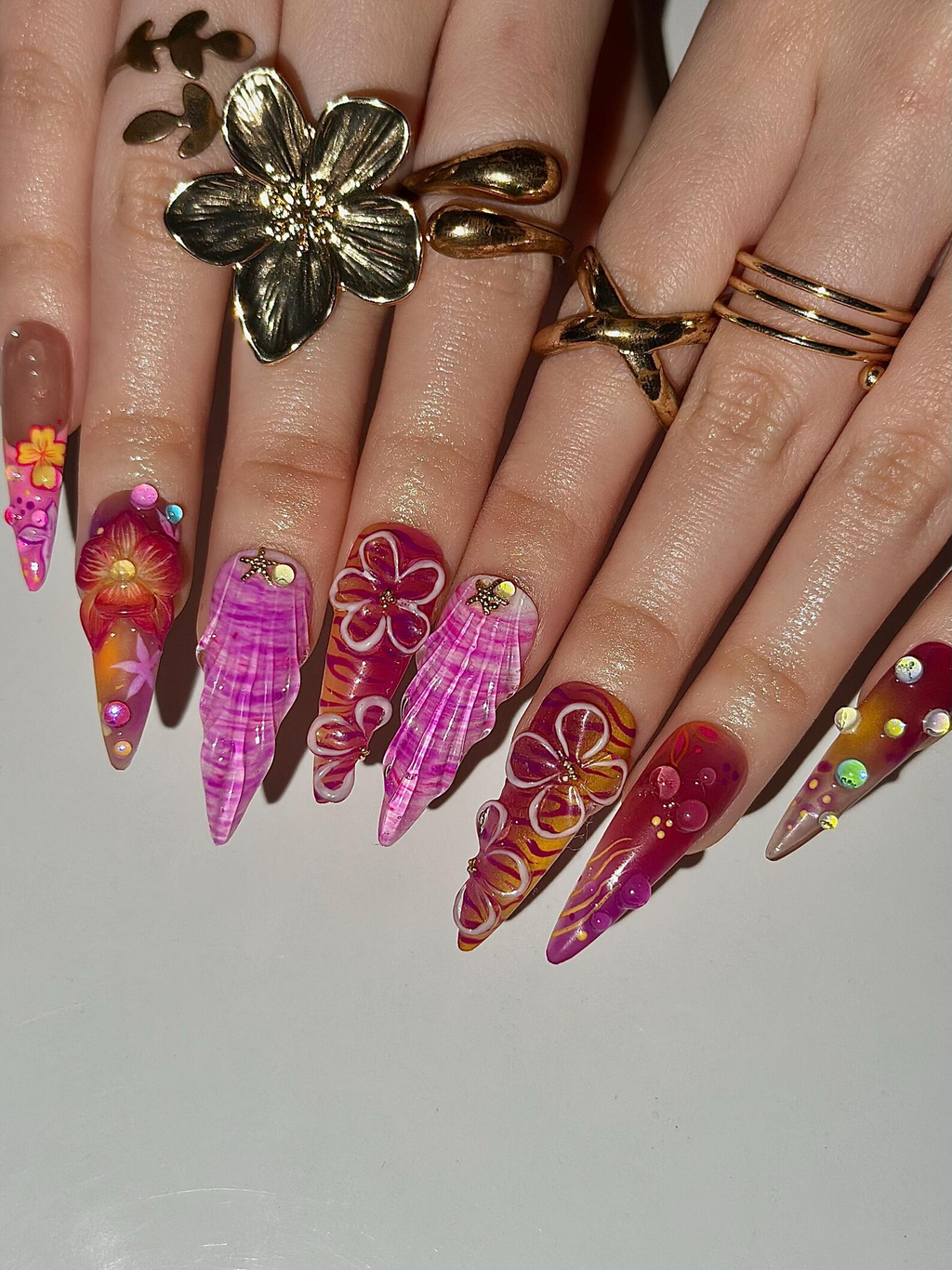 Midnight Sun Aesthetic Press On Nails. 3D Purple Seashell and Hibiscus Floral Nails. Maximalist Tropical Y2K Luxury Fake Nails. OB1287HK