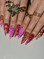 Midnight Sun Aesthetic Press On Nails. 3D Purple Seashell and Hibiscus Floral Nails. Maximalist Tropical Y2K Luxury Fake Nails. OB1287HK