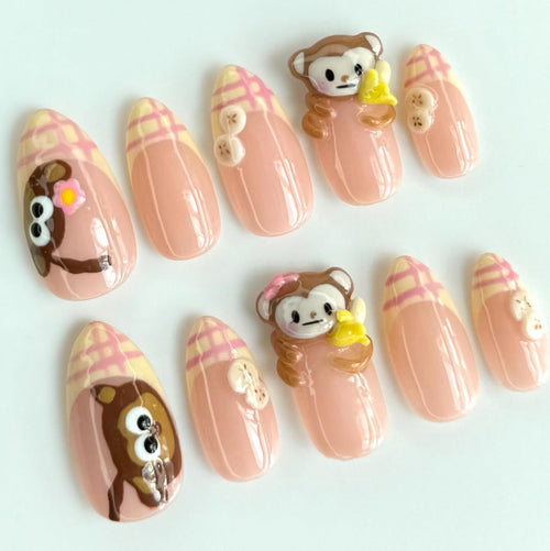 3D Monkey Press On Nails Nude Pink Cute Animal Art Set