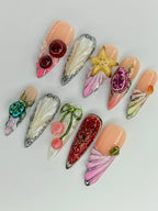 3D Fantasy Press-On Nails with Stars. Beetles. Cherries. and Sculpted Art