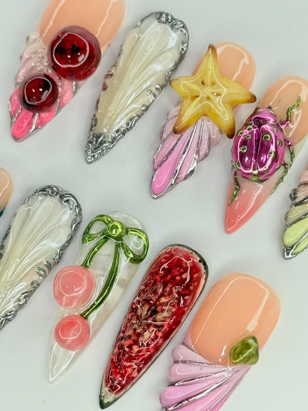 3D Fantasy Press-On Nails with Stars. Beetles. Cherries. and Sculpted Art
