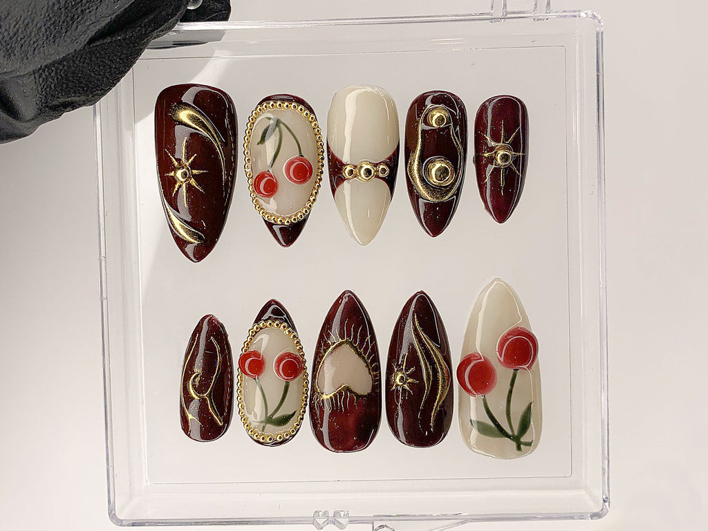 Luxury Red Cherry Press On Nails | Vibrant Luxurious Hand-Painted Star. Bow Acrylic Nail Art | Holiday. Christmas Kawaii Nails | OC551AL