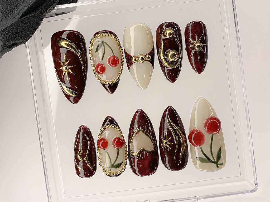 Luxury Red Cherry Press On Nails | Vibrant Luxurious Hand-Painted Star. Bow Acrylic Nail Art | Holiday. Christmas Kawaii Nails | OC551AL