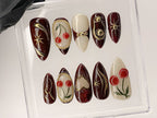 Luxury Red Cherry Press On Nails | Vibrant Luxurious Hand-Painted Star. Bow Acrylic Nail Art | Holiday. Christmas Kawaii Nails | OC551AL