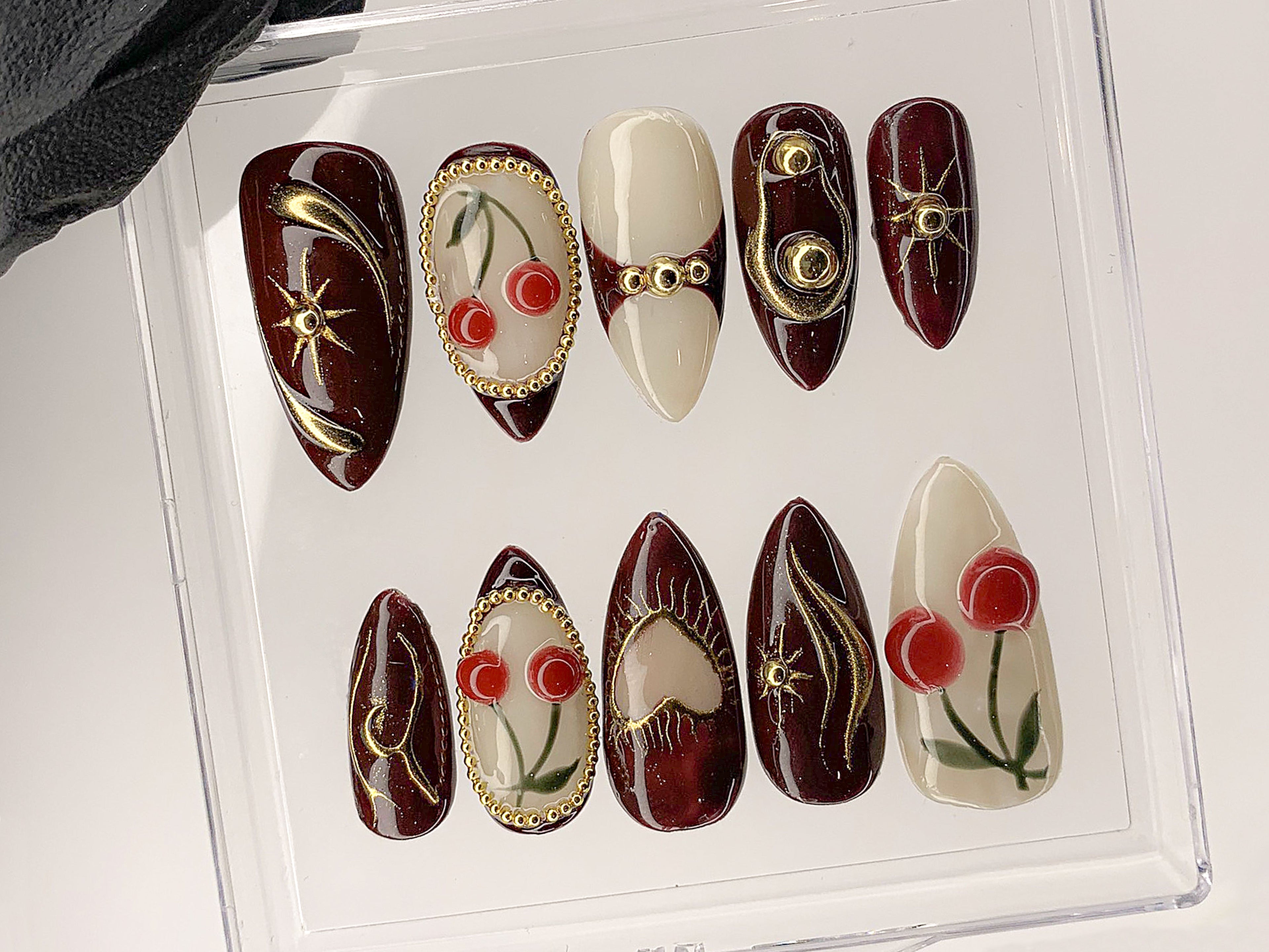 Luxury Red Cherry Press On Nails | Vibrant Luxurious Hand-Painted Star. Bow Acrylic Nail Art | Holiday. Christmas Kawaii Nails | OC551AL