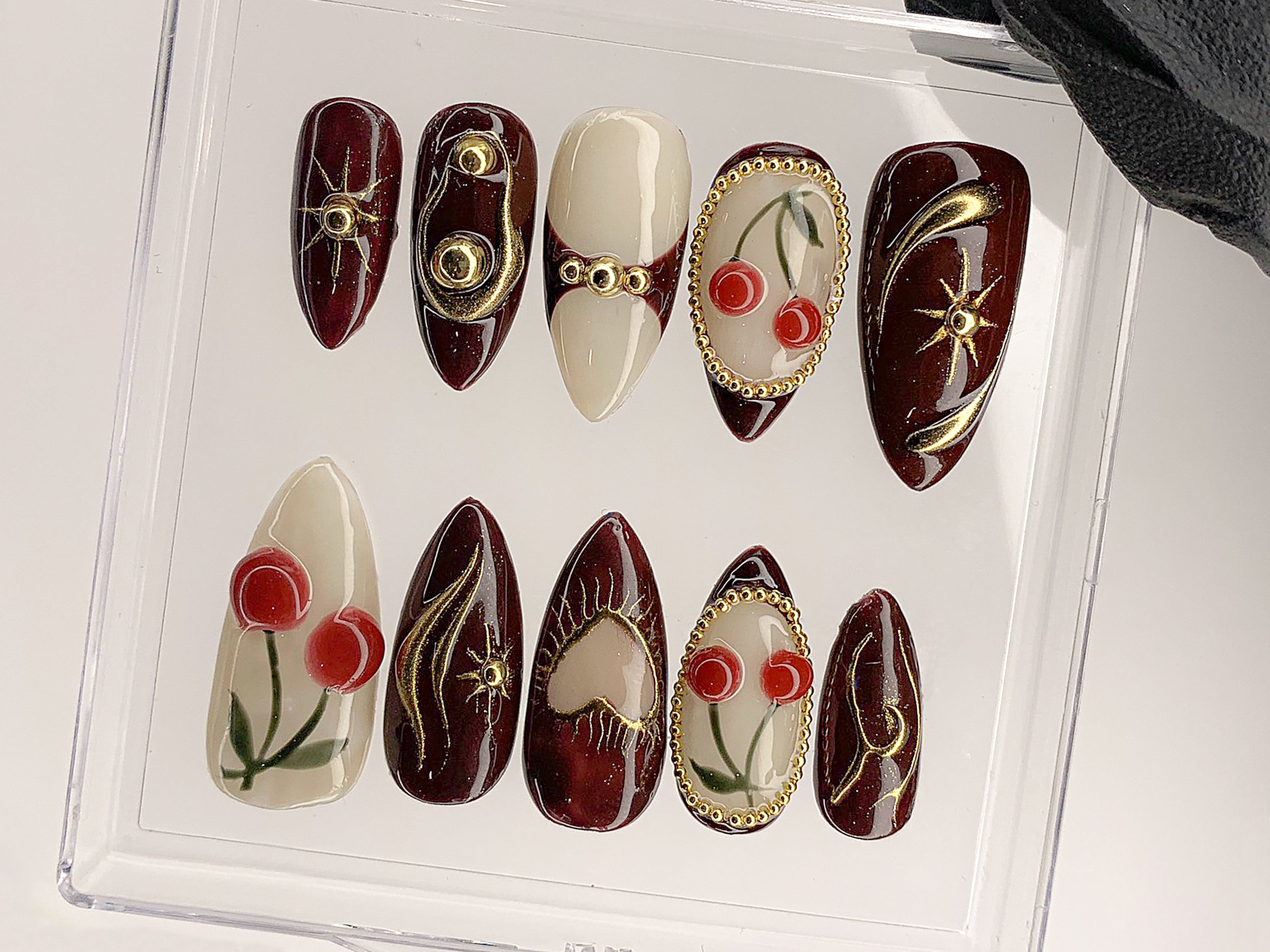 Luxury Red Cherry Press On Nails | Vibrant Luxurious Hand-Painted Star. Bow Acrylic Nail Art | Holiday. Christmas Kawaii Nails | OC551AL