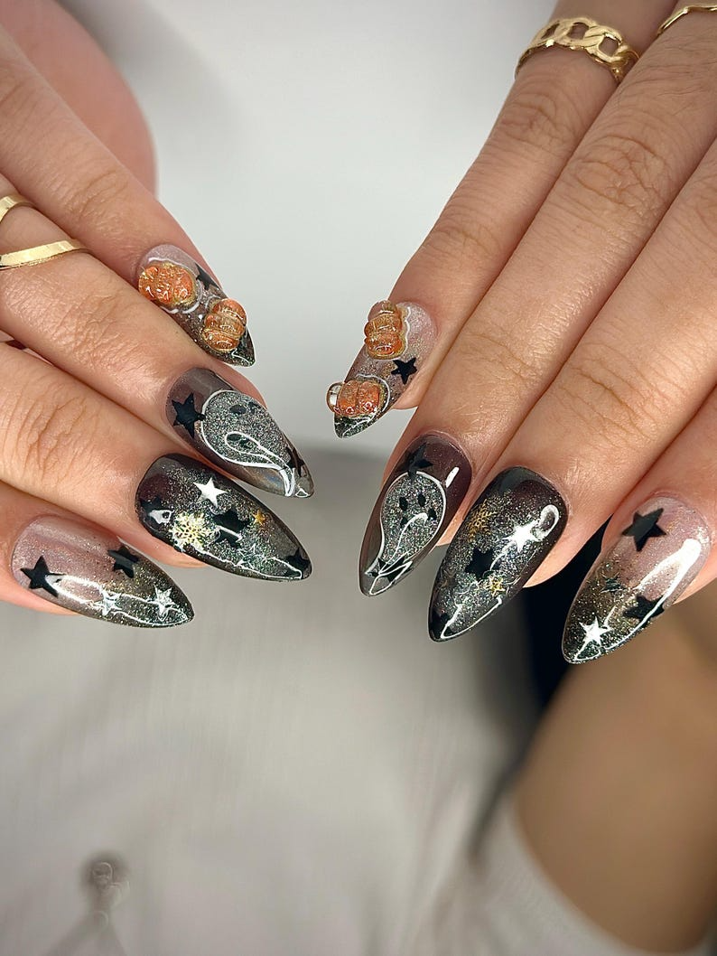 Pumpkin Gothic Press On Nails | Halloween Black & Orange Nails | Handmade Spooky Nail Design | Unique Gothic Pumpkin Nails | OB151HC