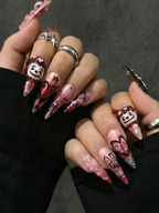 Gothic Valentine Clown Heart Press On Nails for Dark Romance Girls. Handmade Long Pink Chrome Fake Nails. Alternative Love Nail.OB278EC