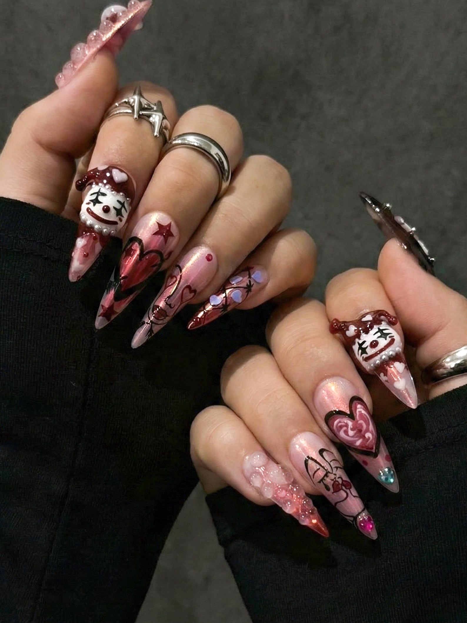 Gothic Valentine Clown Heart Press On Nails for Dark Romance Girls. Handmade Long Pink Chrome Fake Nails. Alternative Love Nail.OB278EC