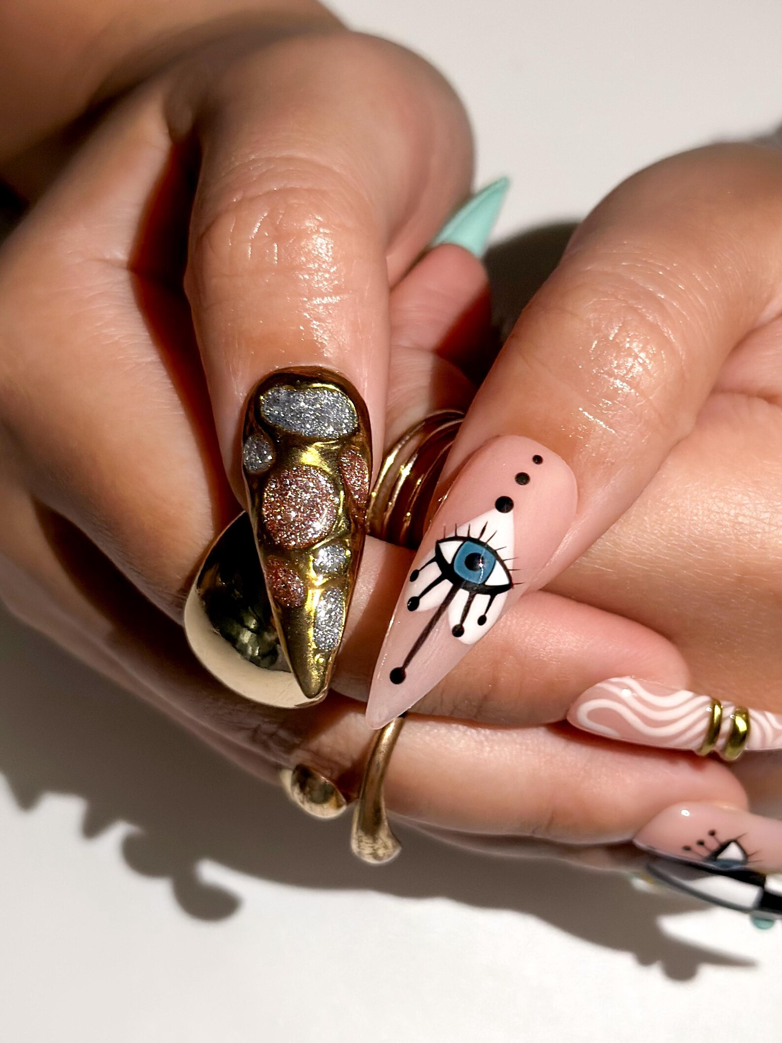 Gilded Luxury Colorful Press On Nails | Eye Art Gold Ring Nails | Handmade Nude Stiletto Nail Art | Luxury Statement Press Ons | OB302EC