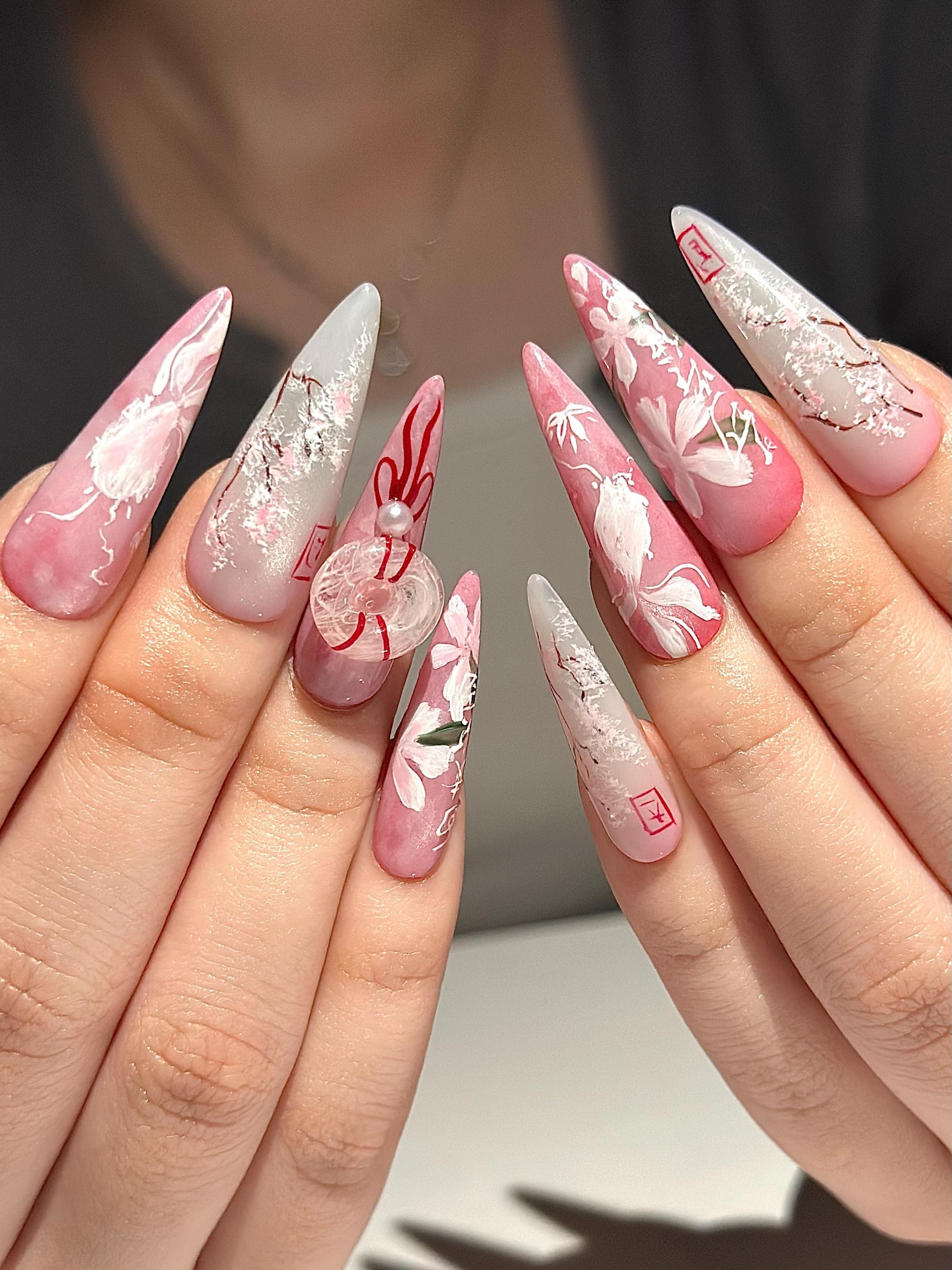 Pink Blossom Press On Nails | Pink Jelly Floral Nails | Asian Flower Nails | Romantic Spring Nails | Handmade Stiletto Press Ons | OB312HC
