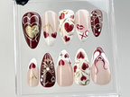 Valentine's Day Almond Nails |Love and Heart Motif Nail Art |Valentine XO Fake Nails |Gold and Red Luxury False Nails |Kawaii Nails |OC727YC